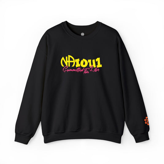 Black sweatshirt with yellow and pink text