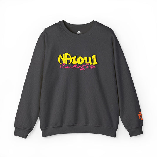 Gray sweatshirt with yellow and pink text