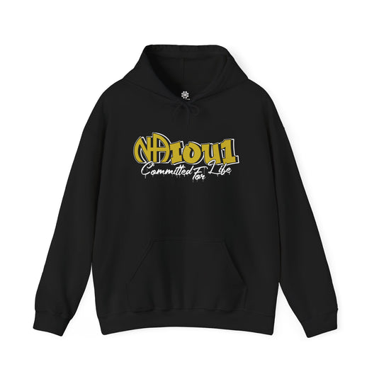 Black hoodie with yellow and white text