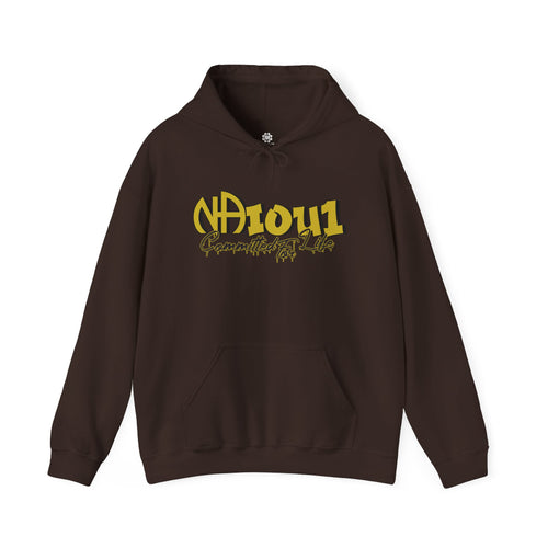 Brown hoodie with yellow text 