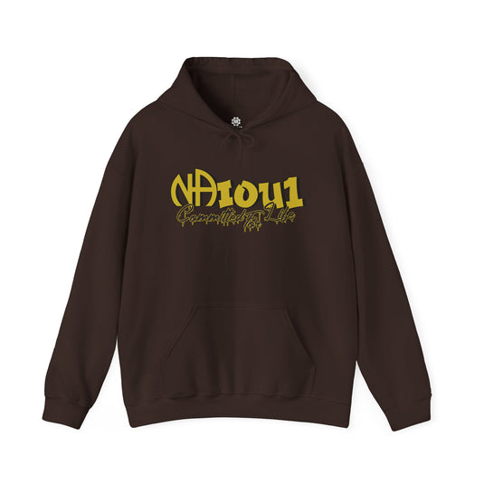 Brown hoodie with yellow text 