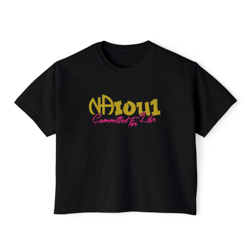 Black t-shirt with yellow and pink text