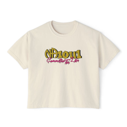 Beige t-shirt with colorful text design