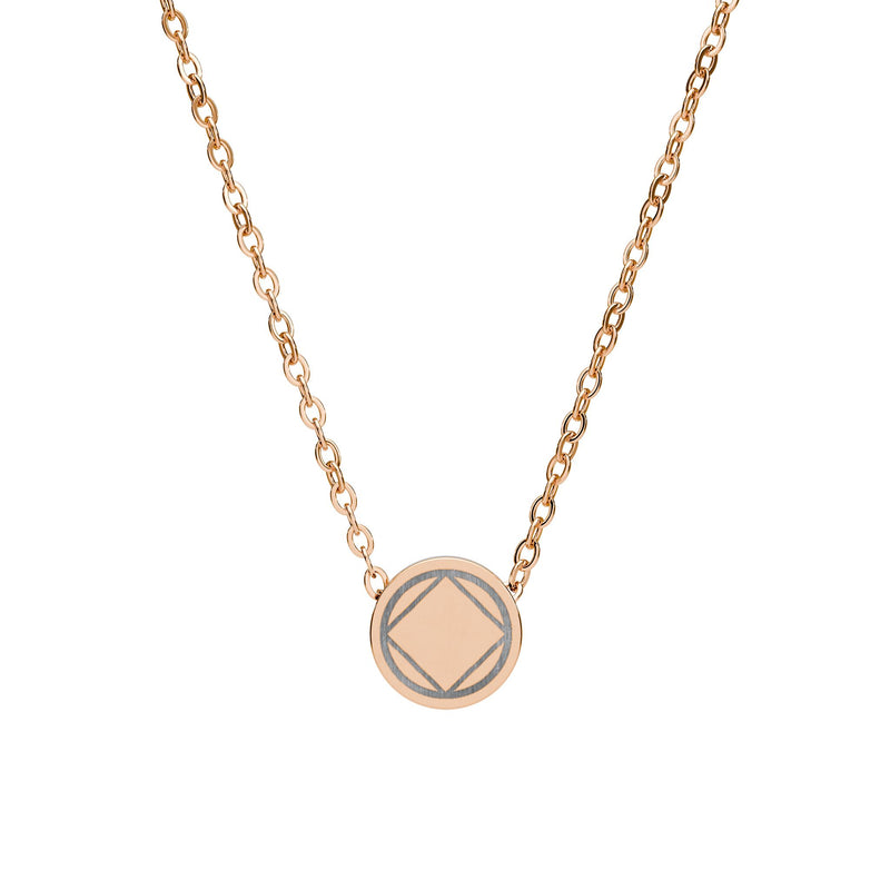 Load image into Gallery viewer, Rose gold necklace with a round pendant on a white background
