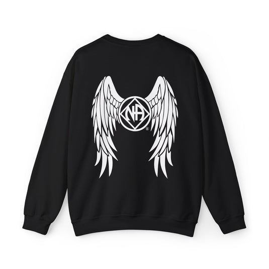 Black sweatshirt with white wings and logo on the back against a white background