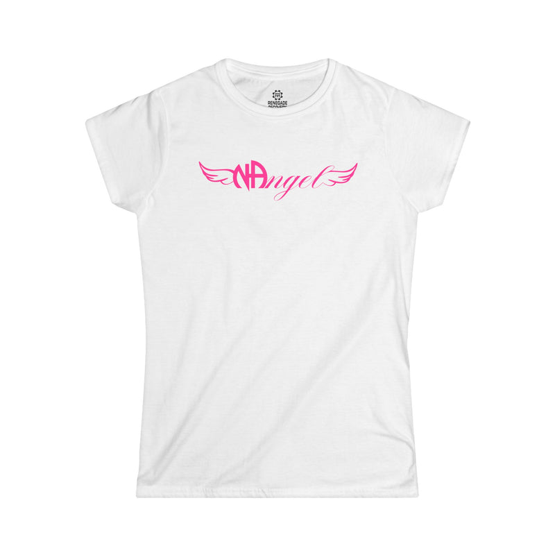 Load image into Gallery viewer, White t-shirt with pink 'NAngel' design on a white background
