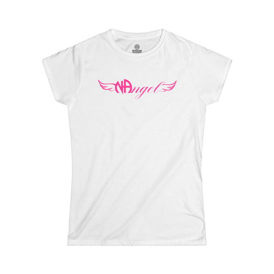 White t-shirt with pink 'NAngel' design on a white background