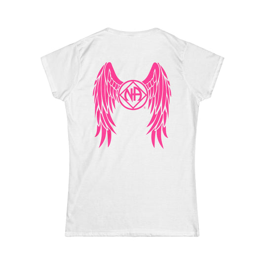 White t-shirt with pink wings and logo on a white background
