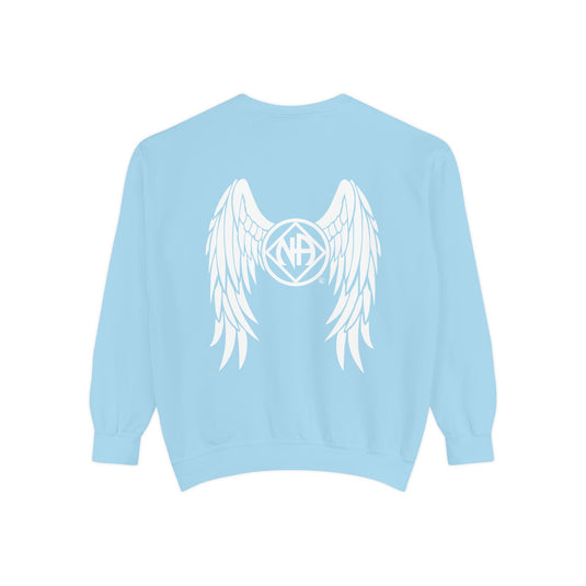 Light blue sweatshirt with white angel wings and logo on a white background