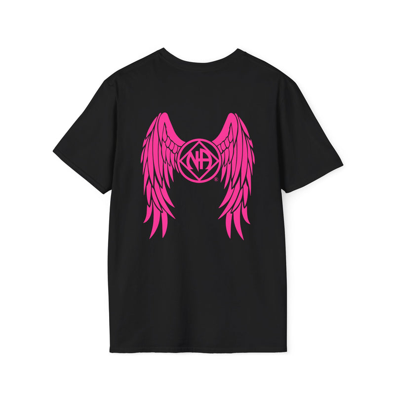 Load image into Gallery viewer, Black t-shirt with pink wings and logo on a white background
