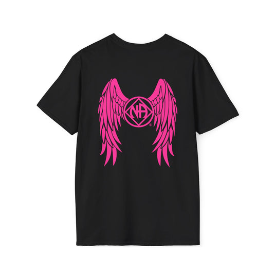Black t-shirt with pink wings and logo on a white background