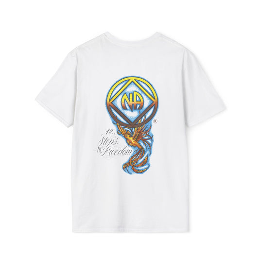 White t-shirt with colorful 'NA' logo and text on a white background