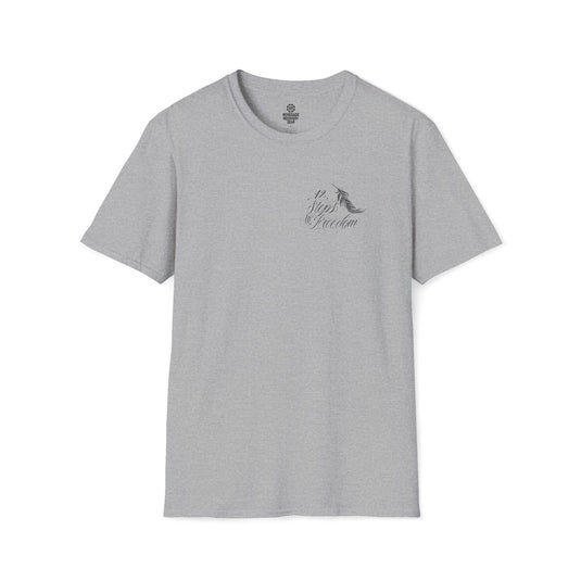 Gray t-shirt with a small logo and text on a white background