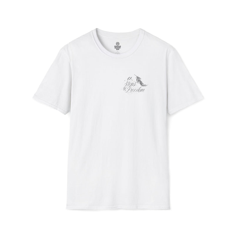 Load image into Gallery viewer, White t-shirt with a small logo and text on a white background

