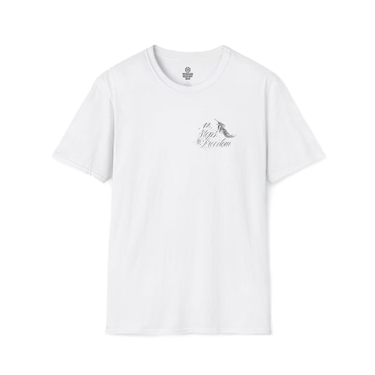 White t-shirt with a small logo and text on a white background
