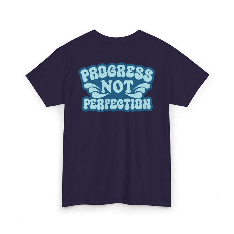 Load image into Gallery viewer, Navy blue t-shirt with 'Progress Not Perfection' text in light blue on a white background
