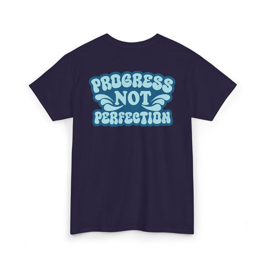 Navy blue t-shirt with 'Progress Not Perfection' text in light blue on a white background