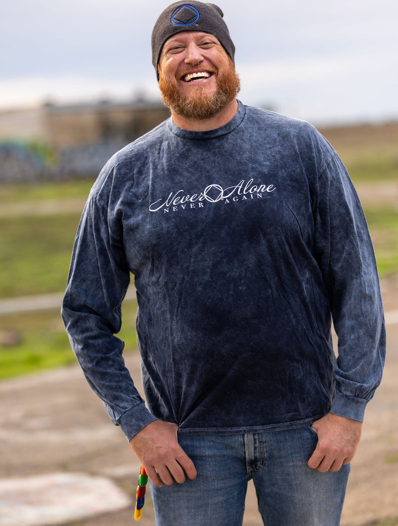 Load image into Gallery viewer, blue long-sleeve shirt with a logo and text
