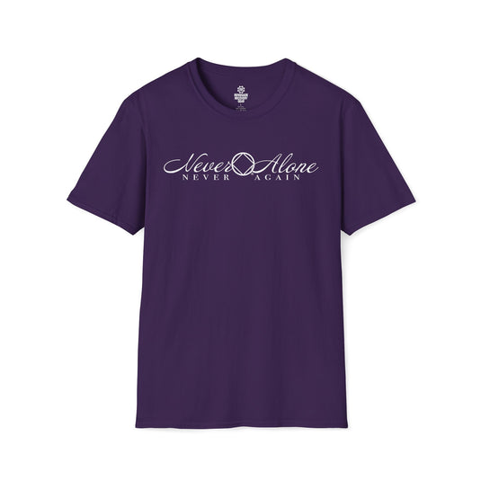 Purple t-shirt with 'Never Alone Never Again' text on a white background