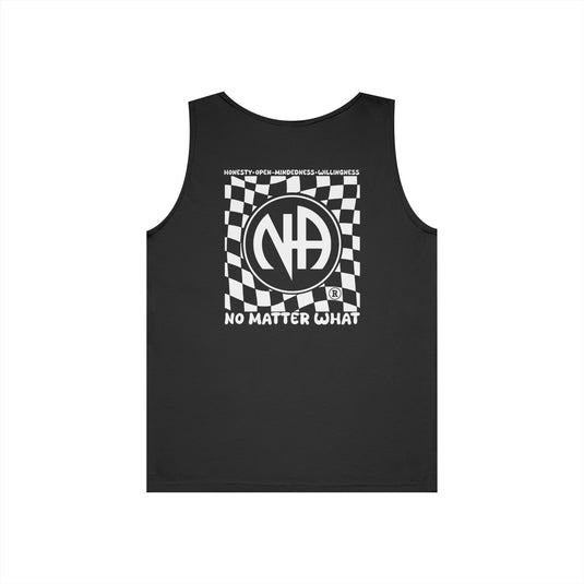 Black tank top with a checkered design and text on a white background