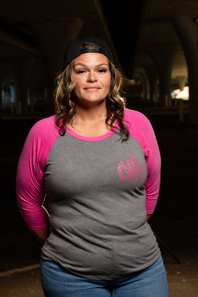 Load image into Gallery viewer, gray and pink shirt with a logo
