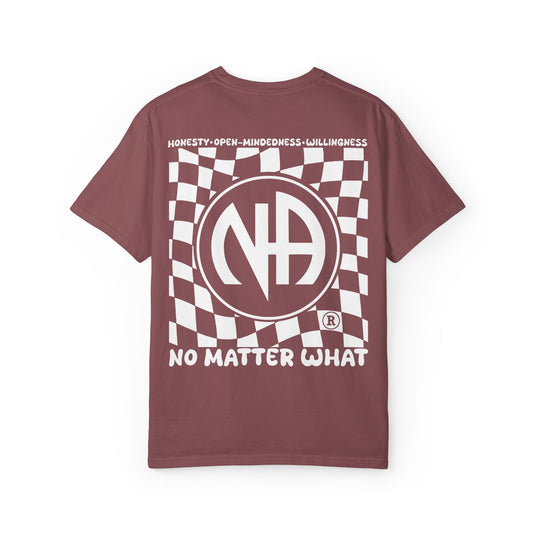 Maroon t-shirt with white graphic and text on a white background