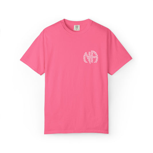 Pink t-shirt with a white monogram on a white background