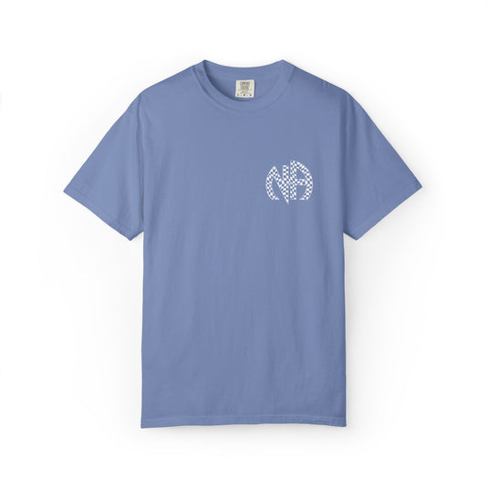 Blue t-shirt with a monogram design on a white background