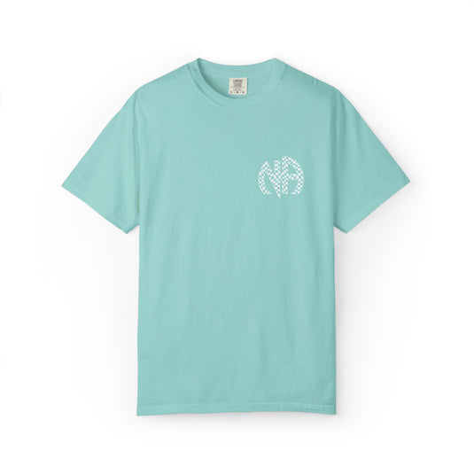 Mint green t-shirt with a white logo on a white background
