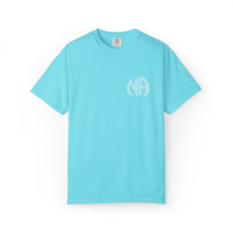 Load image into Gallery viewer, Light blue t-shirt with a white logo on a white background
