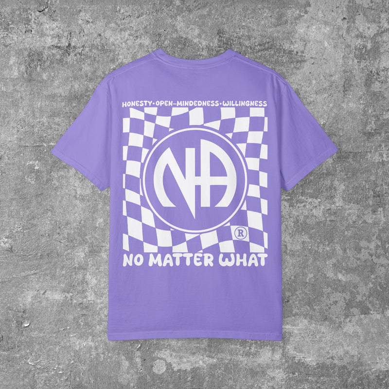 Load image into Gallery viewer, Purple t-shirt with a logo and text on a gray concrete background
