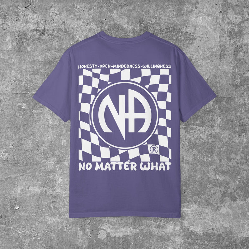 Load image into Gallery viewer, Purple t-shirt with white graphic design on a textured gray background
