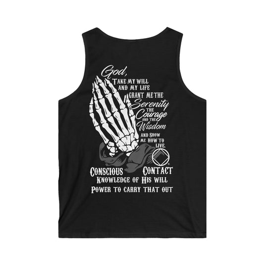 Black tank top with skeleton hands and text design