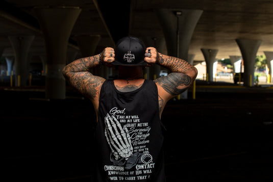 black tank top with text and graphics