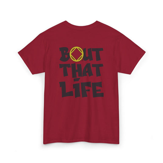 Red t-shirt with 'Bout That Life' text on a white background