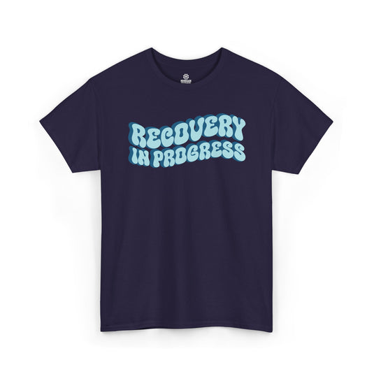 Navy blue t-shirt with 'Recovery in Progress' text on a white background