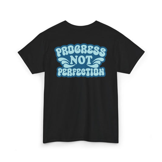 Black t-shirt with blue 'Progress Not Perfection' text on a white background