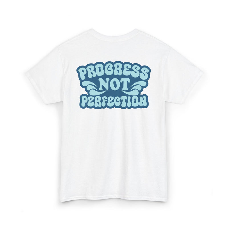 Load image into Gallery viewer, White t-shirt with blue text 'Progress Not Perfection' on a white background
