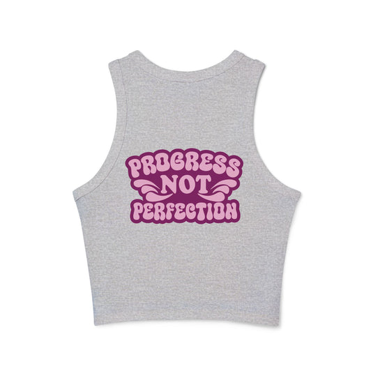 Gray tank top with pink 'Progress Not Perfection' text on a white background