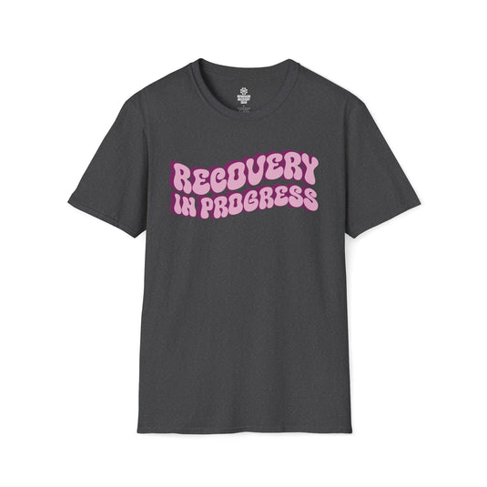 Gray t-shirt with 'Recovery in Progress' text in pink on a white background