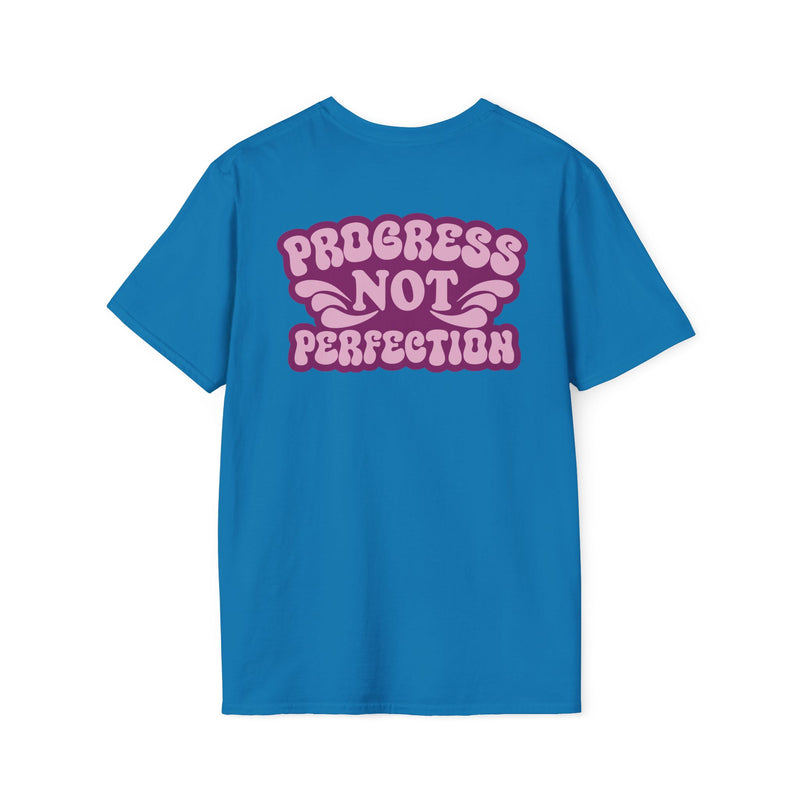 Load image into Gallery viewer, Blue t-shirt with pink text 'PROGRESS NOT PERFECTION' on a white background
