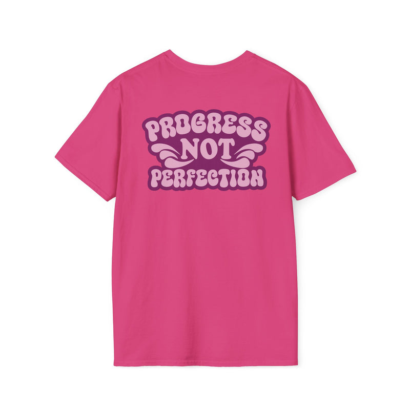 Load image into Gallery viewer, Pink t-shirt with 'Progress Not Perfection' text on a white background
