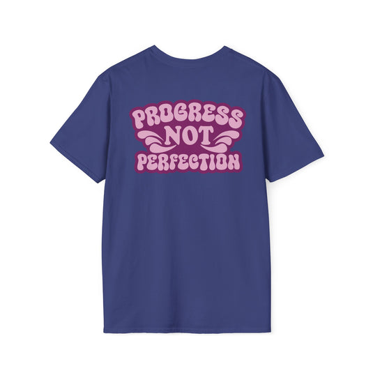 Blue t-shirt with pink text 'PROGRESS NOT PERFECTION' on a white background