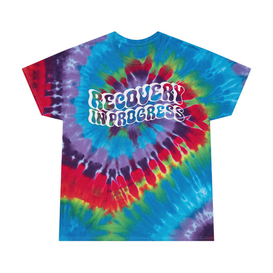 Tie-dye t-shirt with 'Recovery In Progress' text on a white background