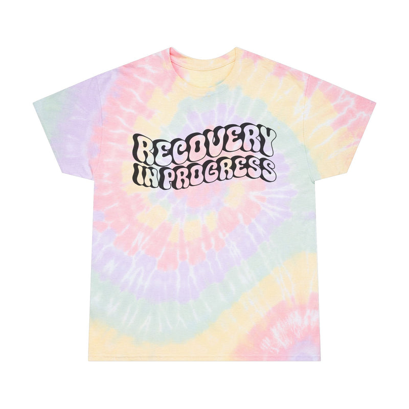 Load image into Gallery viewer, Tie-dye t-shirt with 'Recovery In Progress' text on a white background
