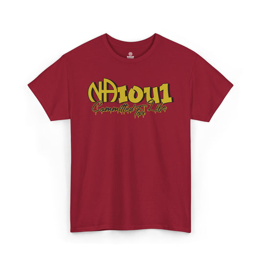 Red t-shirt with yellow and black text on a white background