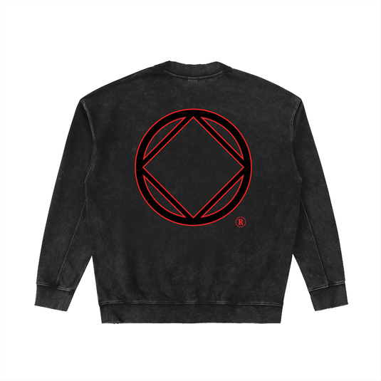 Black sweatshirt with a red geometric symbol on the back against a white background