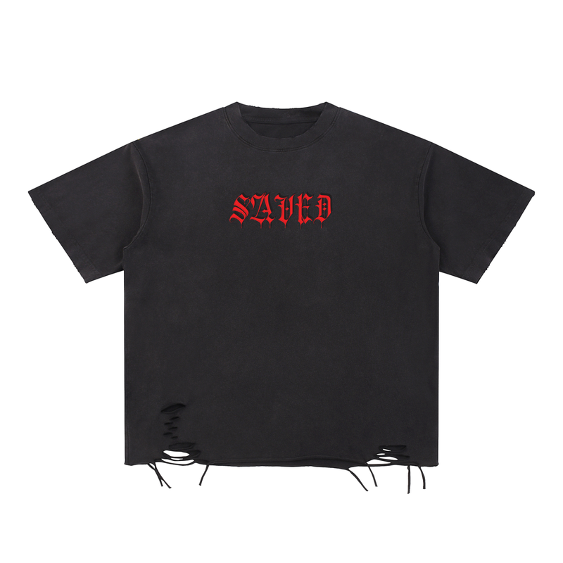 Load image into Gallery viewer, Black t-shirt with 'SAVED' in red text on a white background
