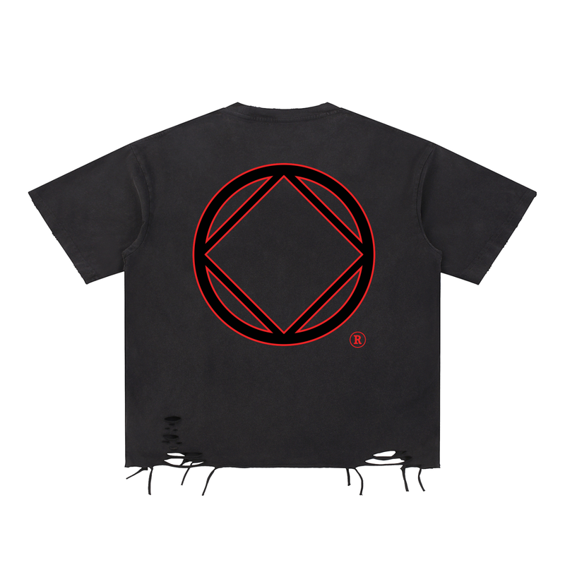 Load image into Gallery viewer, Black t-shirt with a red geometric symbol on the back against a white background
