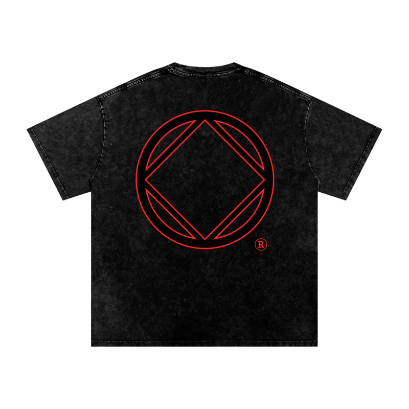 Load image into Gallery viewer, Black t-shirt with a red geometric logo on a white background
